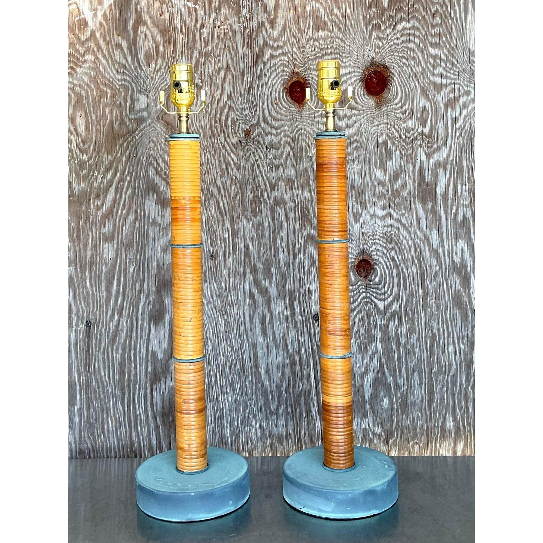 Lampade a colonna in canna a matita avvolte, vintage, una coppia in vendita 2