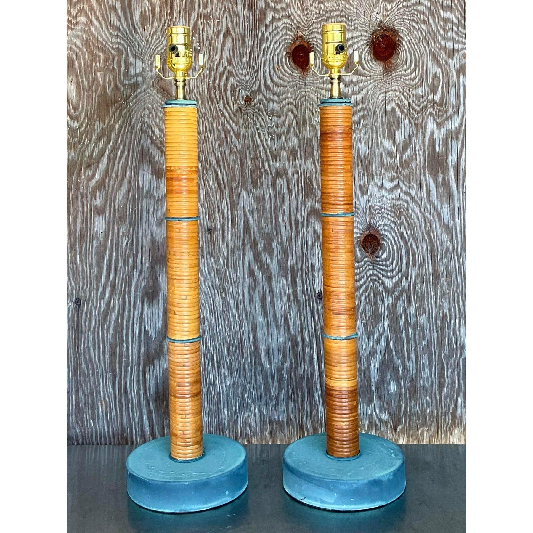 Lampade a colonna in canna a matita avvolte, vintage, una coppia in vendita 3