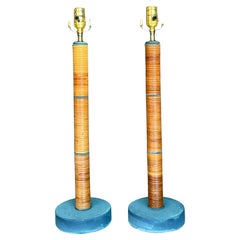 Vintage Coastal Wrapped Pencil Reed Column Lamps - a Pair