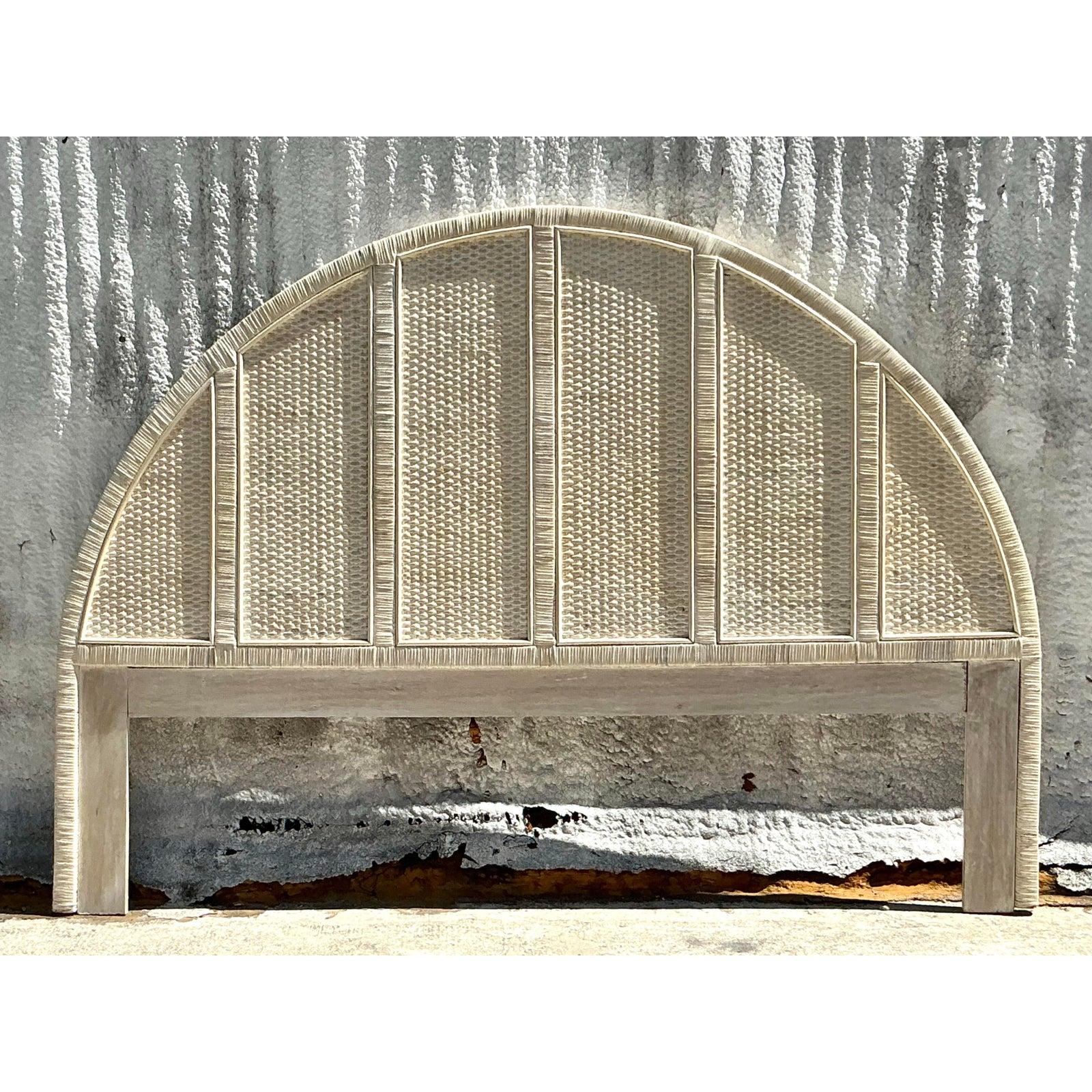 Philippine Vintage Coastal Wrapped Rattan Arched King Headboard For Sale