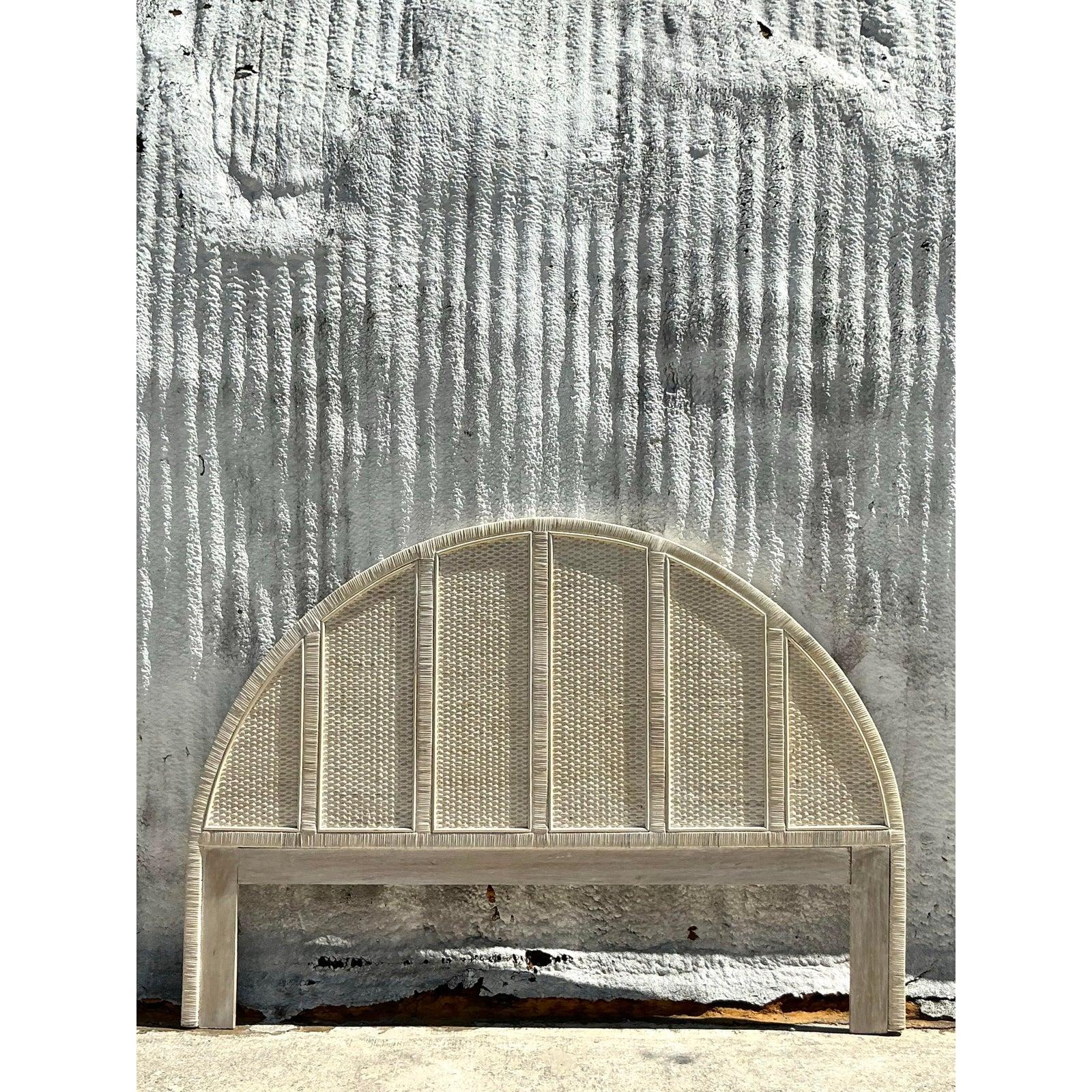 Vintage Coastal Wrapped Rattan Arched King Headboard In Good Condition For Sale In west palm beach, FL