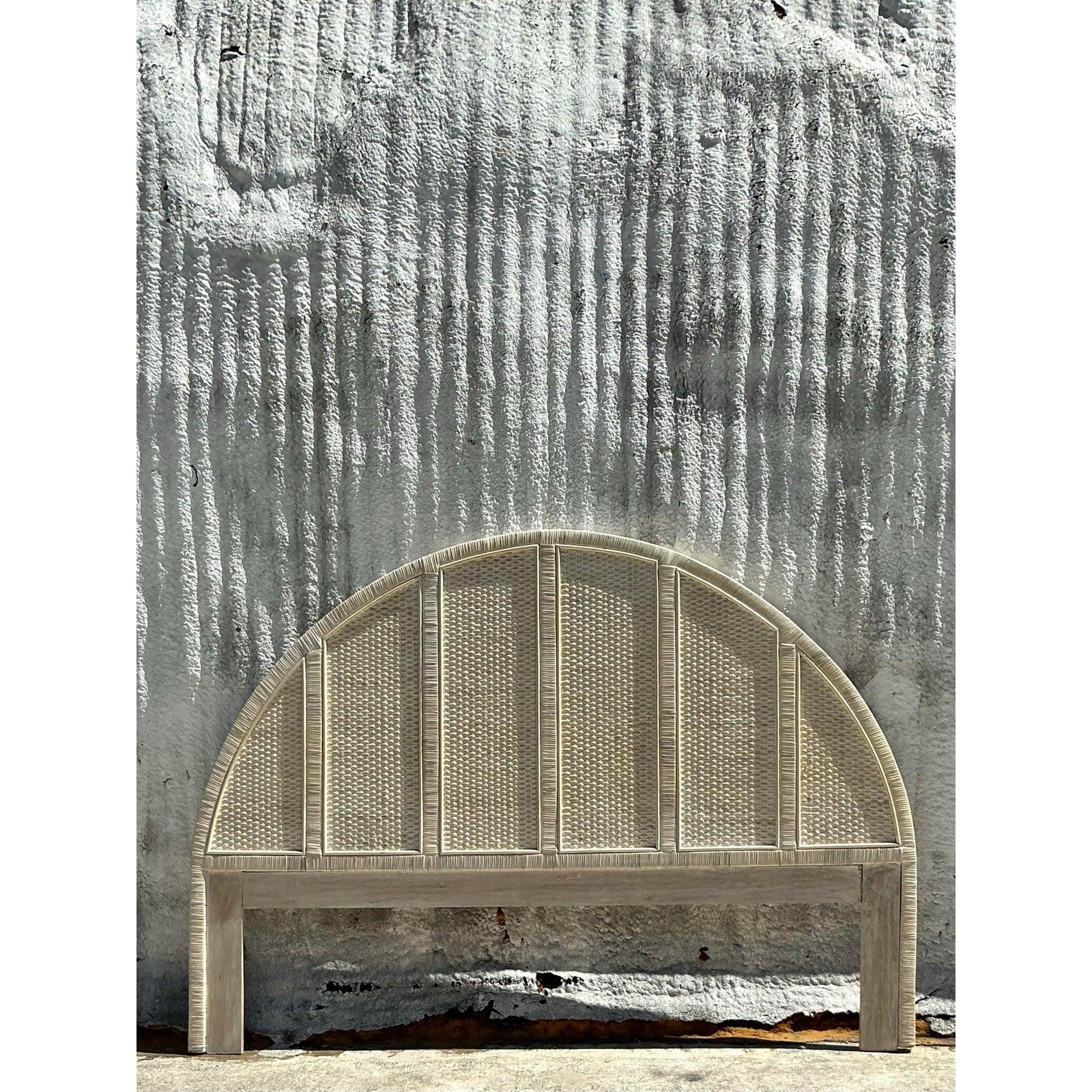 20th Century Vintage Coastal Wrapped Rattan Arched King Headboard For Sale