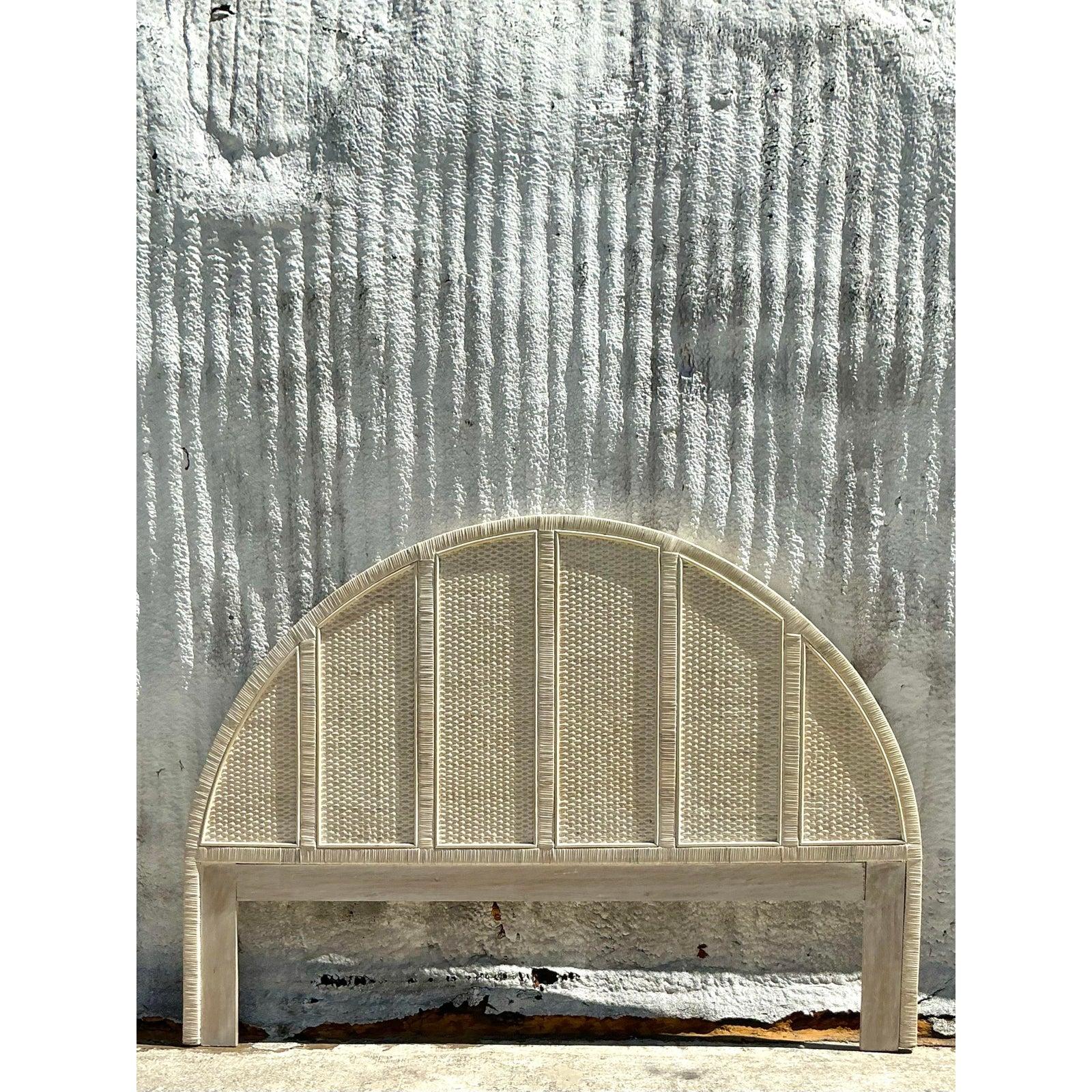 Vintage Coastal Wrapped Rattan Arched King Headboard For Sale 1