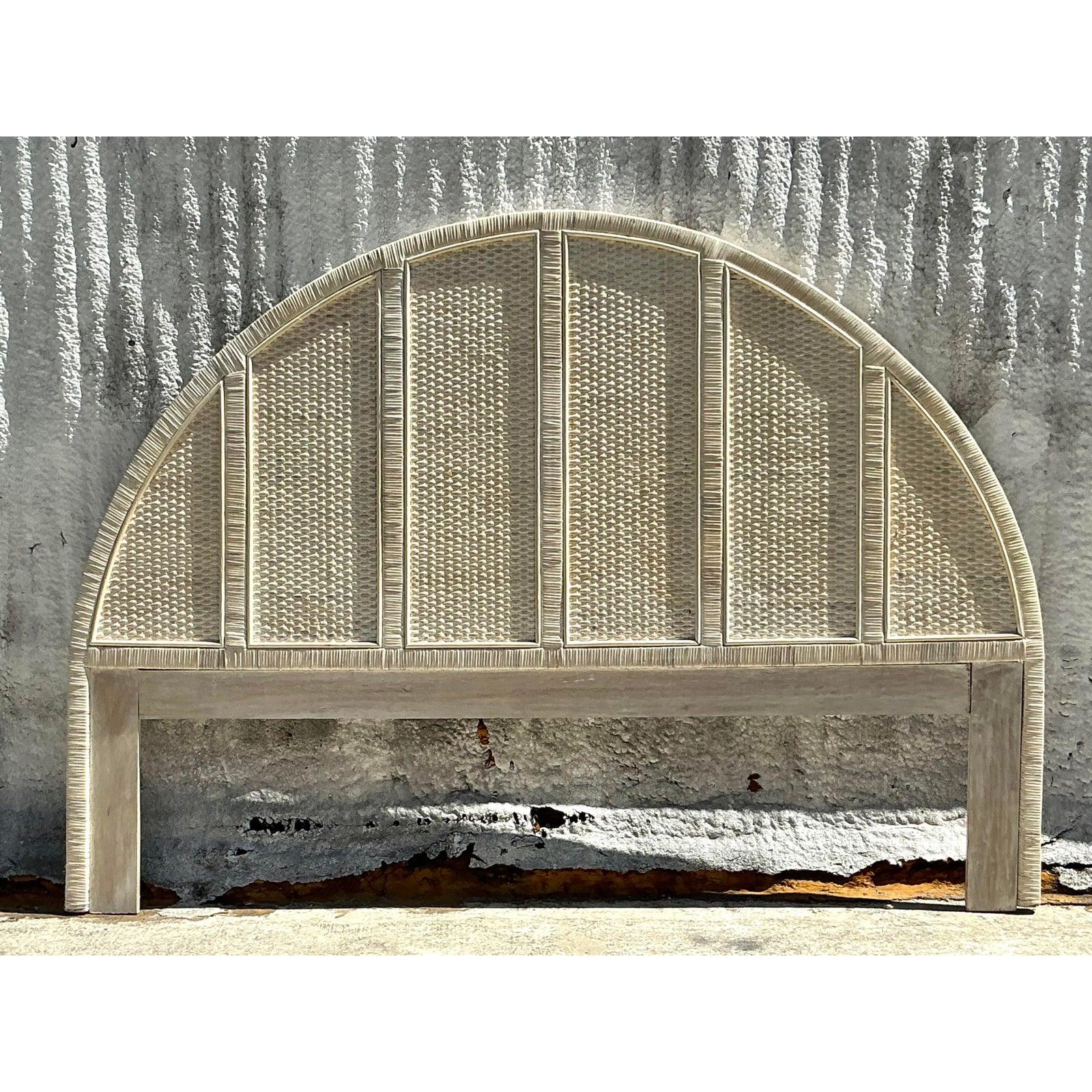 Vintage Coastal Wrapped Rattan Arched King Headboard For Sale 3