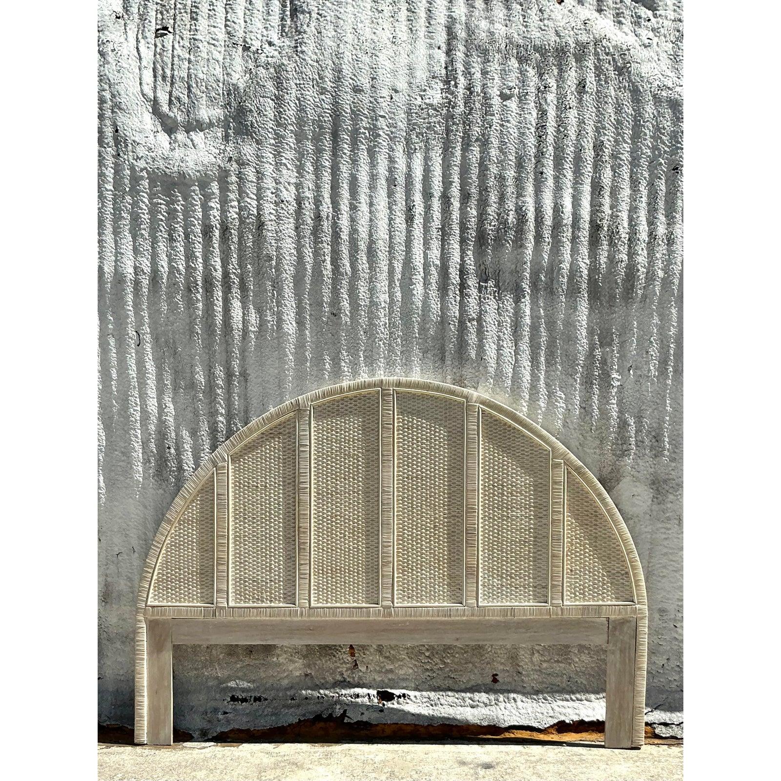 Vintage Coastal Wrapped Rattan Arched King Headboard For Sale 4