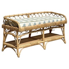 Vintage Coastal Wrapped Rattan Bench With Lisa Fine “Mughal Flower” Upholstery