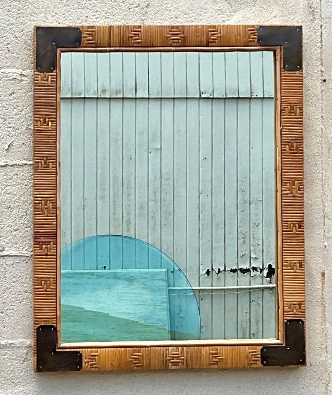 Philippine Vintage Coastal Wrapped Rattan Campaign Mirror For Sale