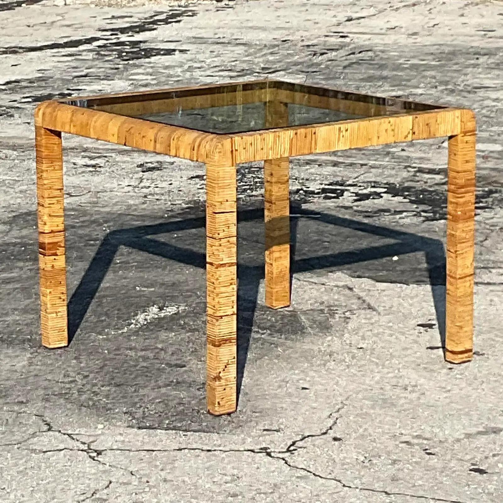 Vintage Coastal Wrapped Rattan Card Table After Billy Baldwin In Good Condition In west palm beach, FL