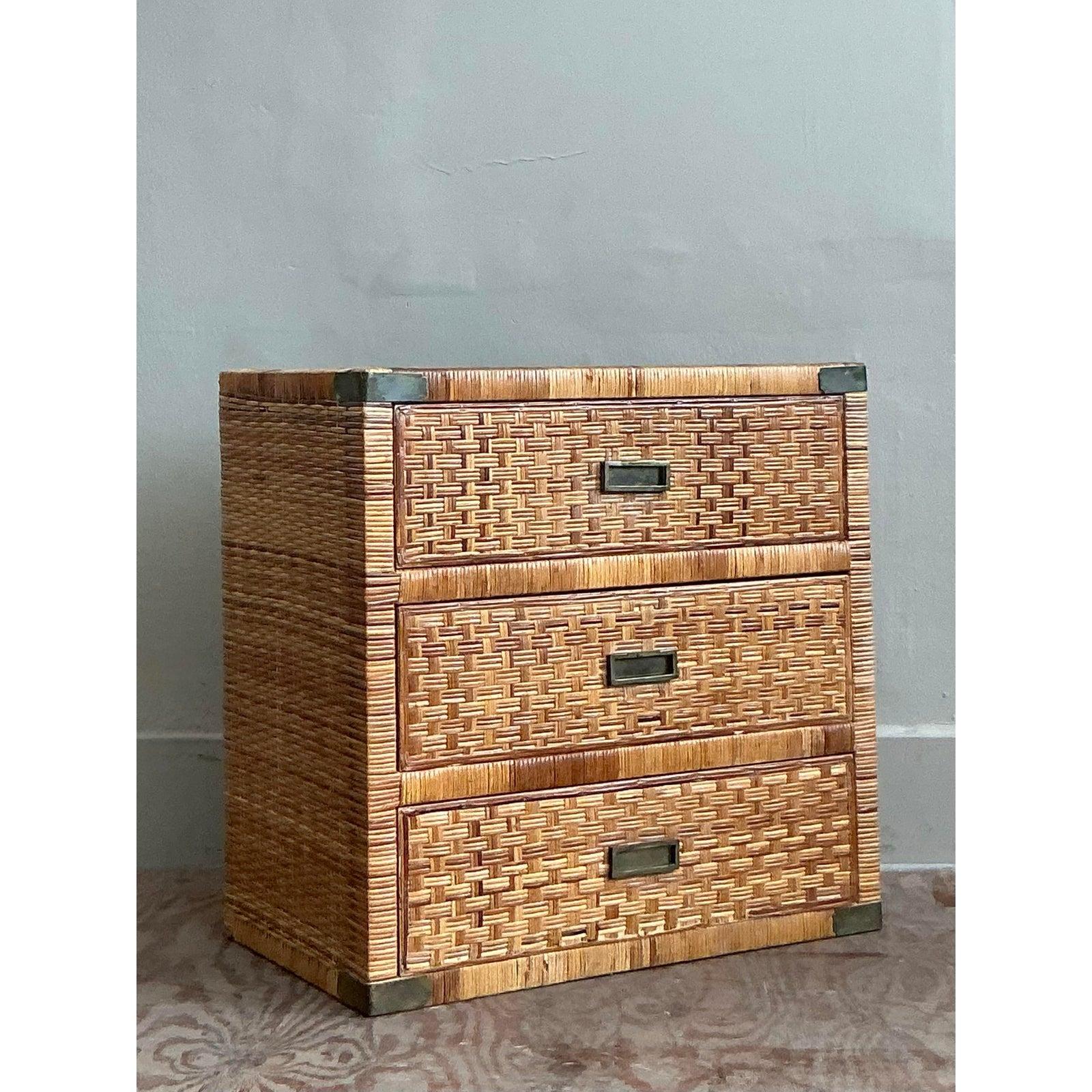 British Colonial Vintage Coastal Wrapped Rattan Chest of Drawers For Sale