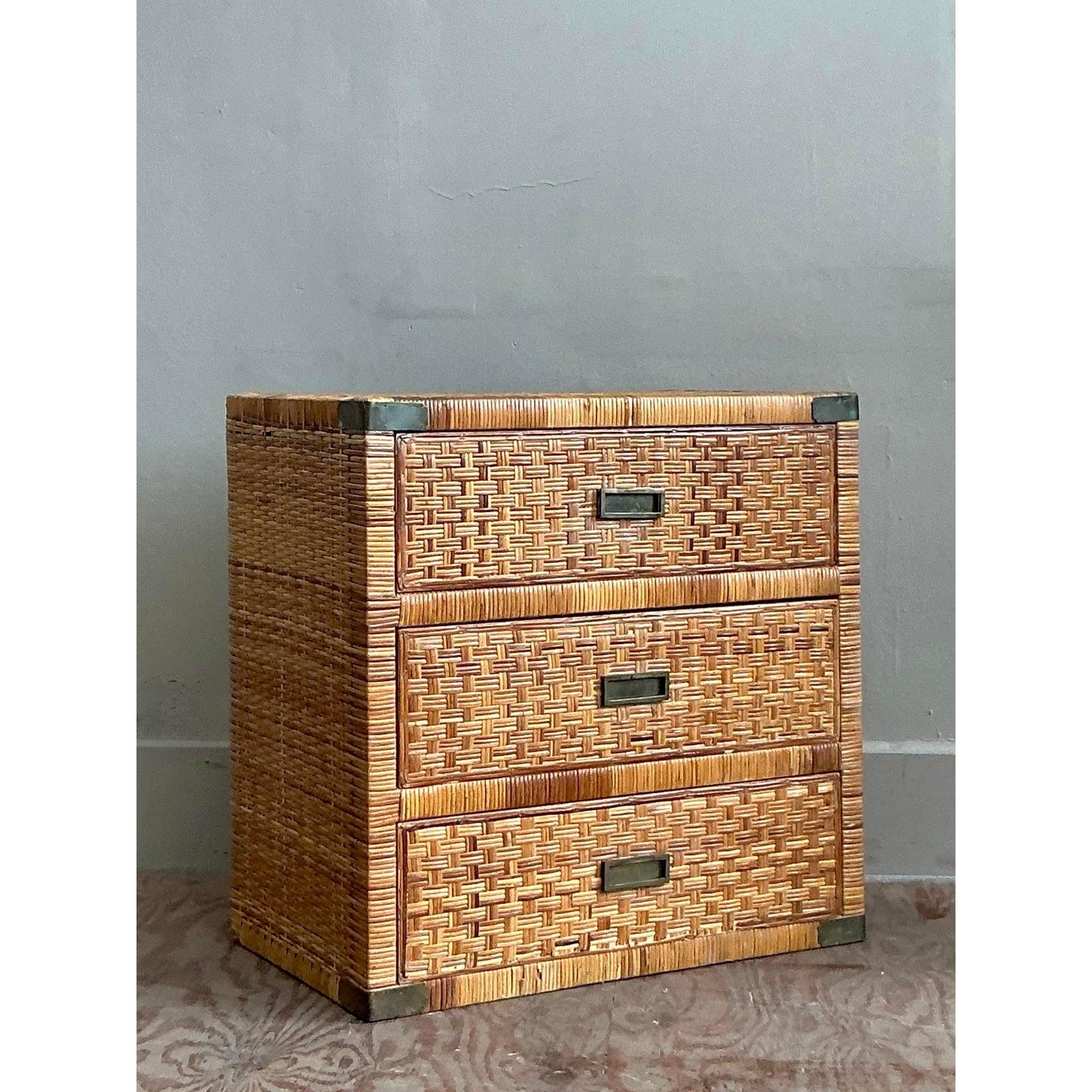 Brass Vintage Coastal Wrapped Rattan Chest of Drawers For Sale