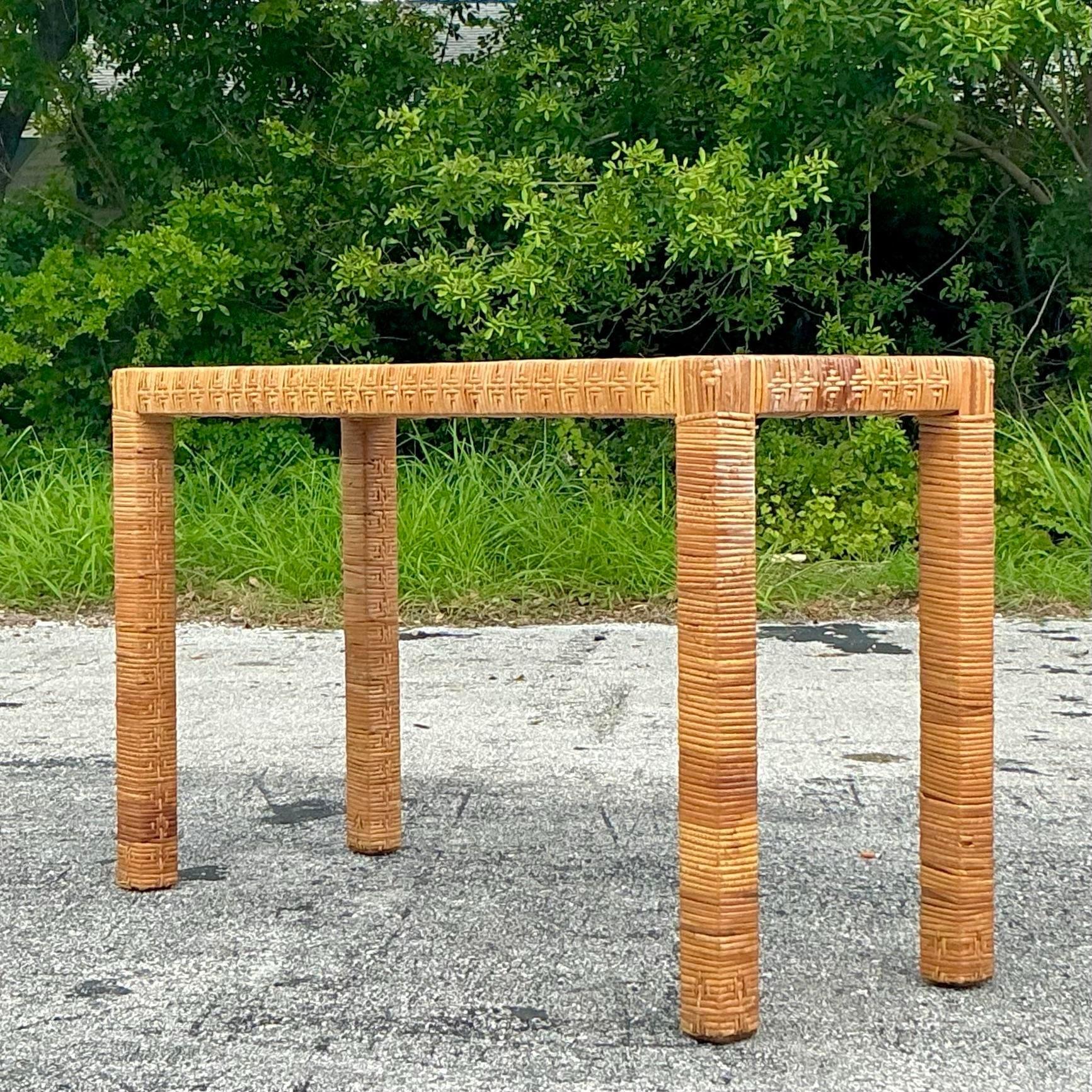 Philippine Vintage Coastal Wrapped Rattan Console Table After Bielecky Brothers For Sale