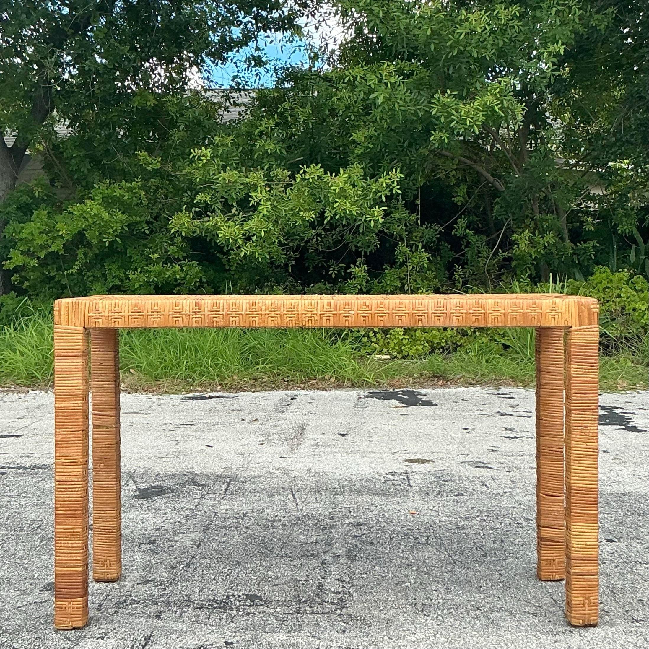Vintage Coastal Wrapped Rattan Console Table After Bielecky Brothers In Good Condition For Sale In west palm beach, FL
