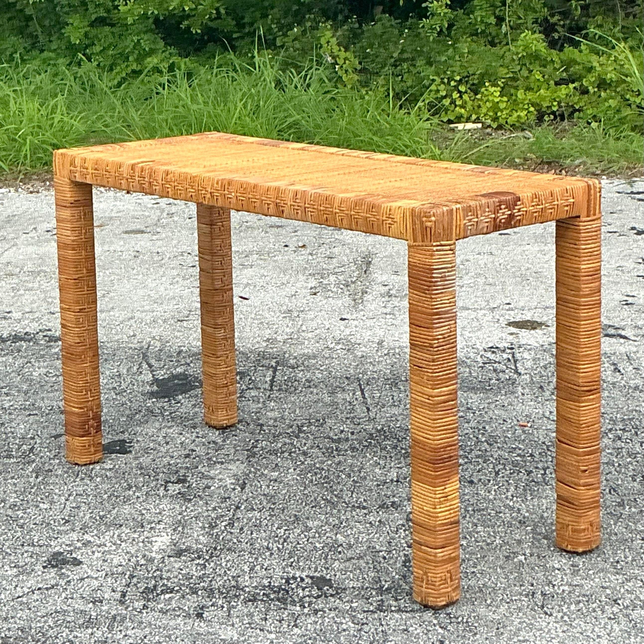 20th Century Vintage Coastal Wrapped Rattan Console Table After Bielecky Brothers For Sale