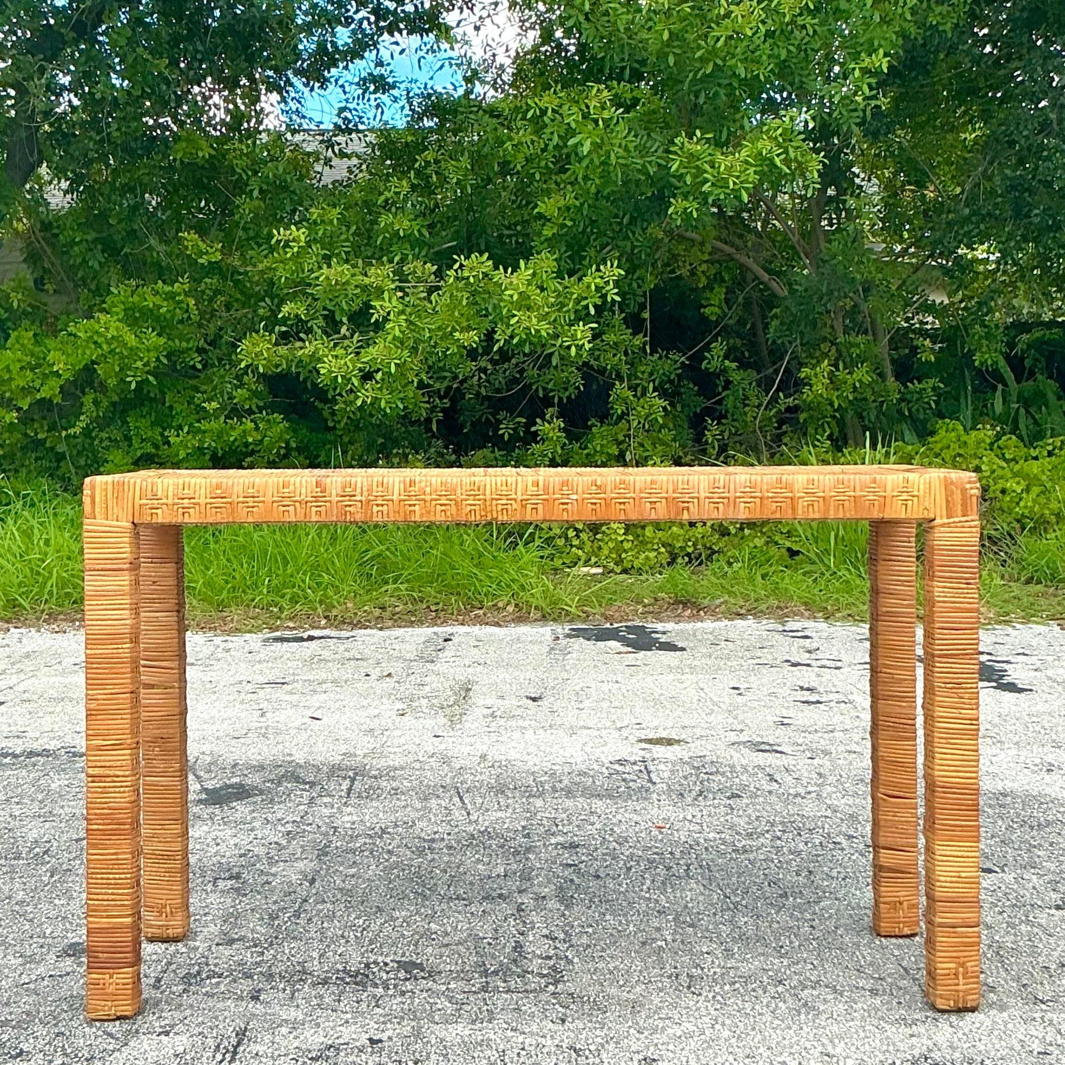 Vintage Coastal Wrapped Rattan Console Table After Bielecky Brothers For Sale 3