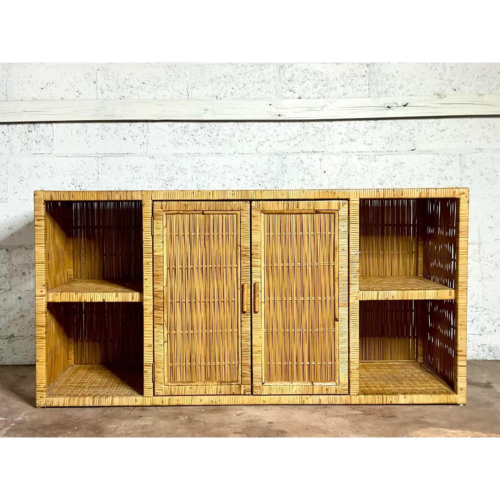 Philippine Vintage Coastal Wrapped Rattan Credenza