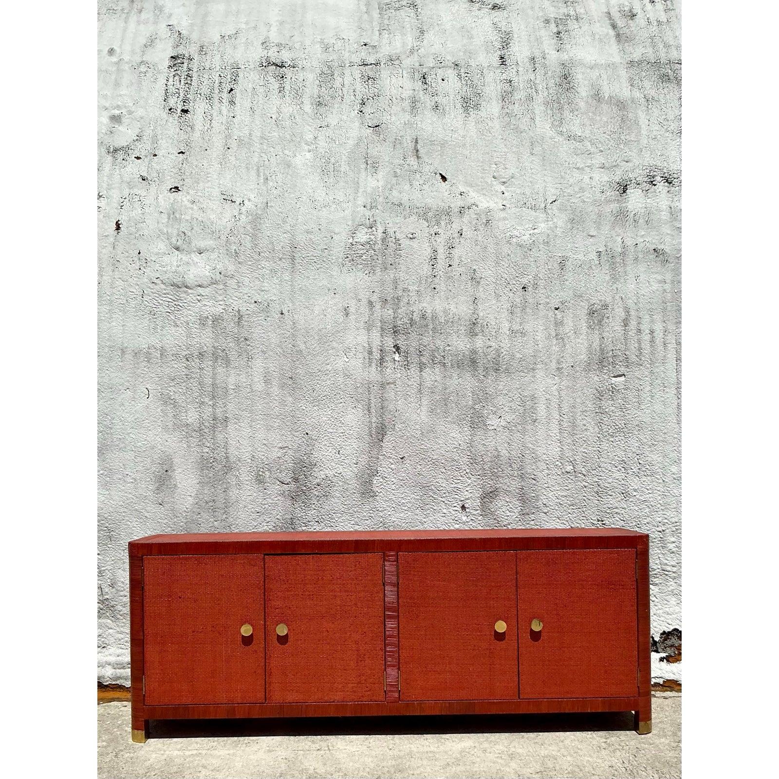 Mid-Century Modern Vintage Coastal Wrapped Rattan Credenza For Sale