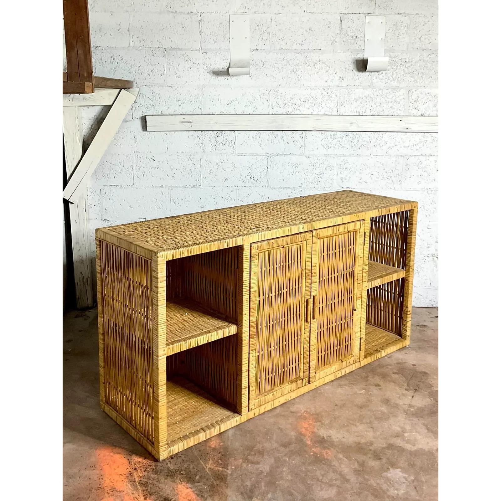 Vintage Coastal Wrapped Rattan Credenza In Good Condition In west palm beach, FL