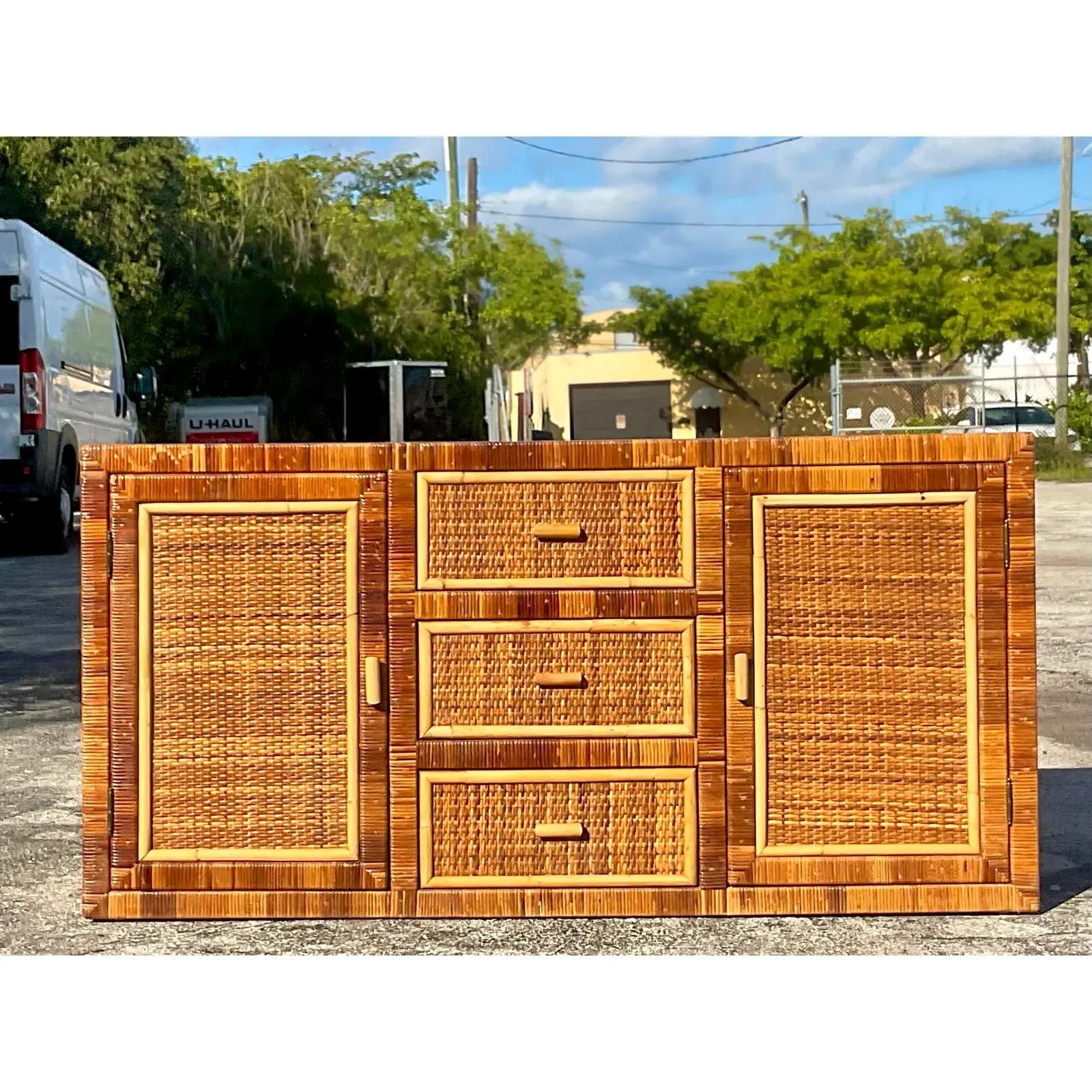 Vintage Coastal Wrapped Rattan Credenza In Good Condition In west palm beach, FL