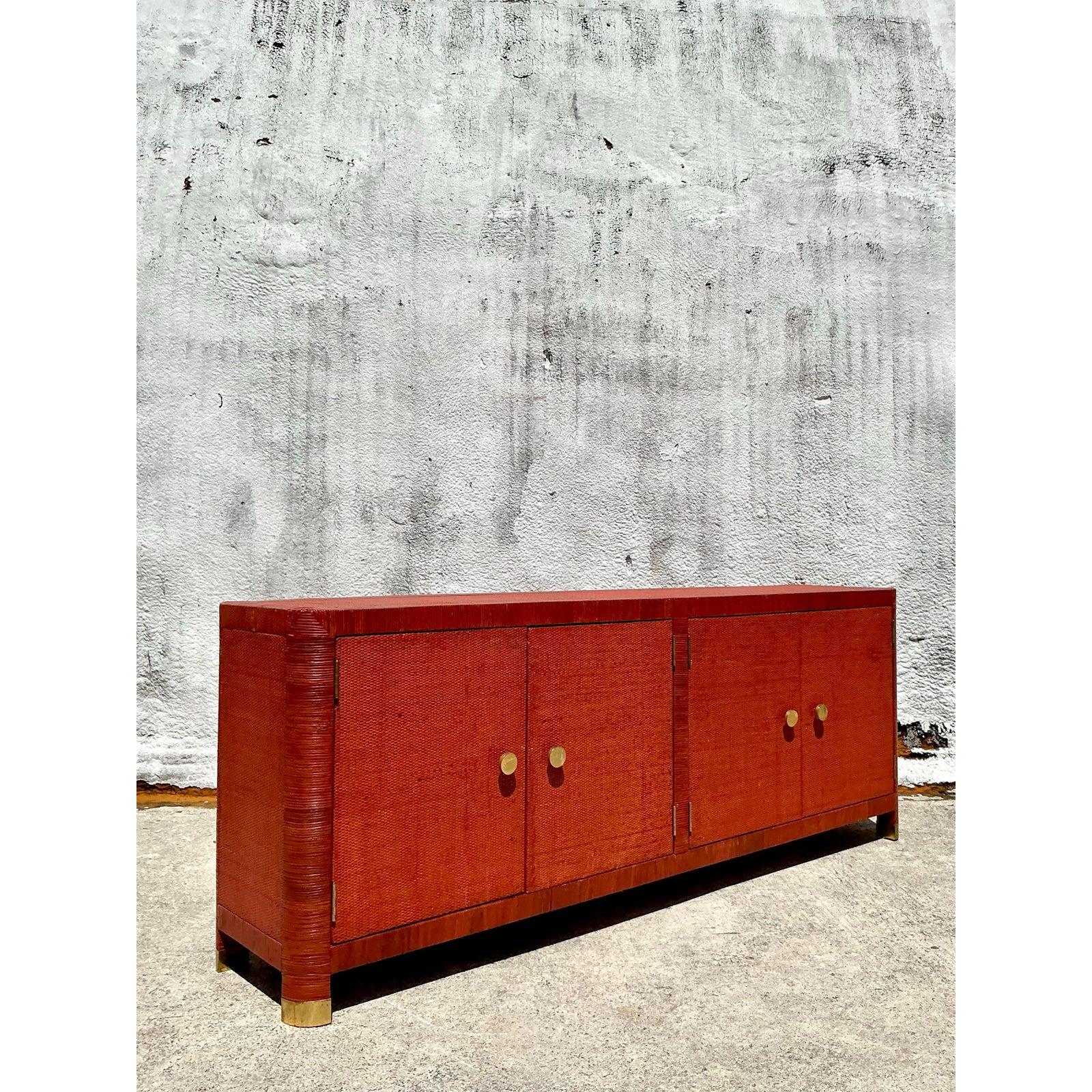 Philippine Vintage Coastal Wrapped Rattan Credenza For Sale
