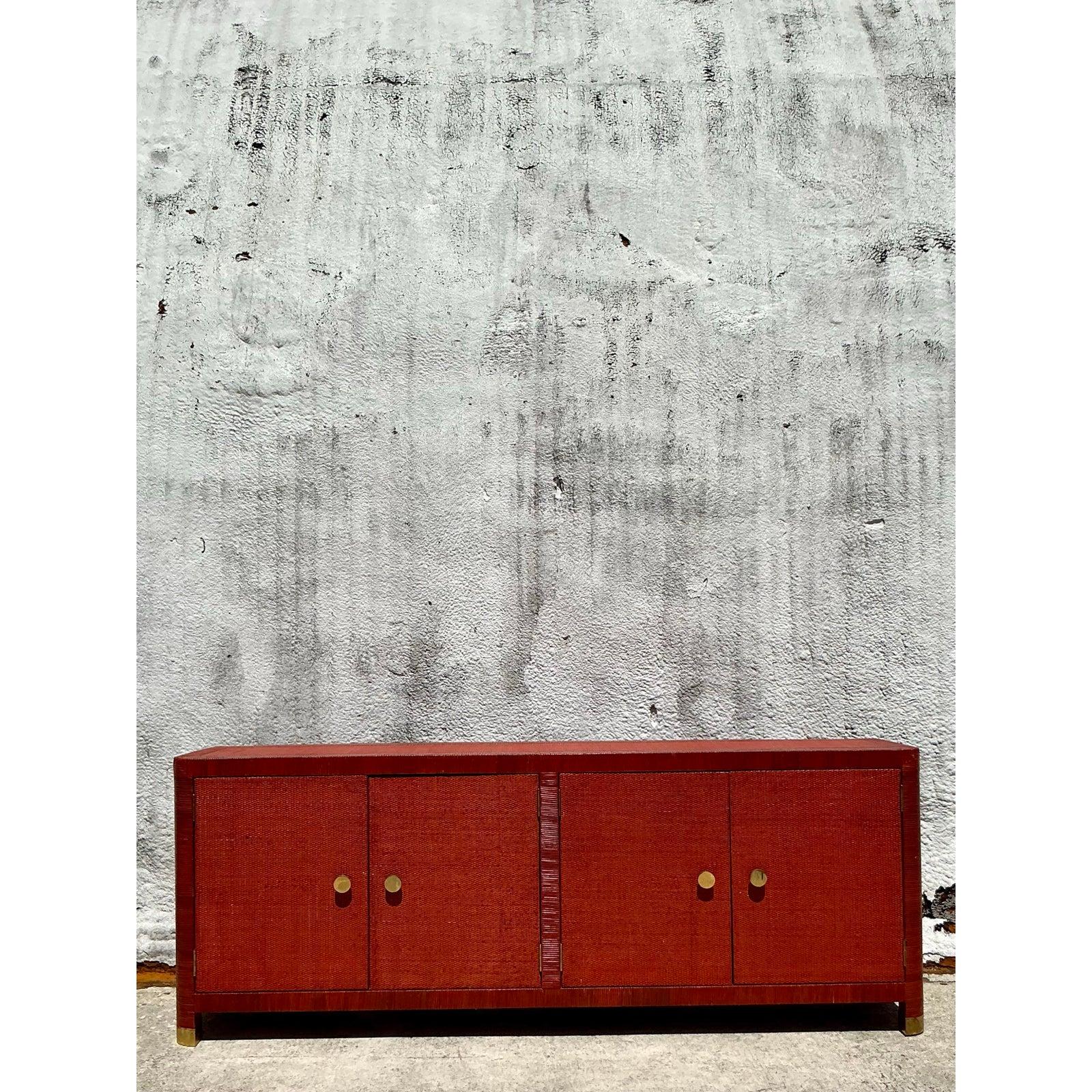 Vintage Coastal Wrapped Rattan Credenza In Good Condition For Sale In west palm beach, FL