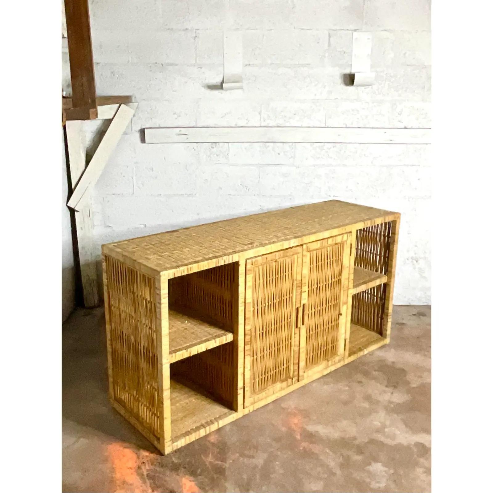 Vintage Coastal Wrapped Rattan Credenza 1