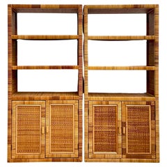 Vintage Coastal Wrapped Rattan Etagere - a Pair