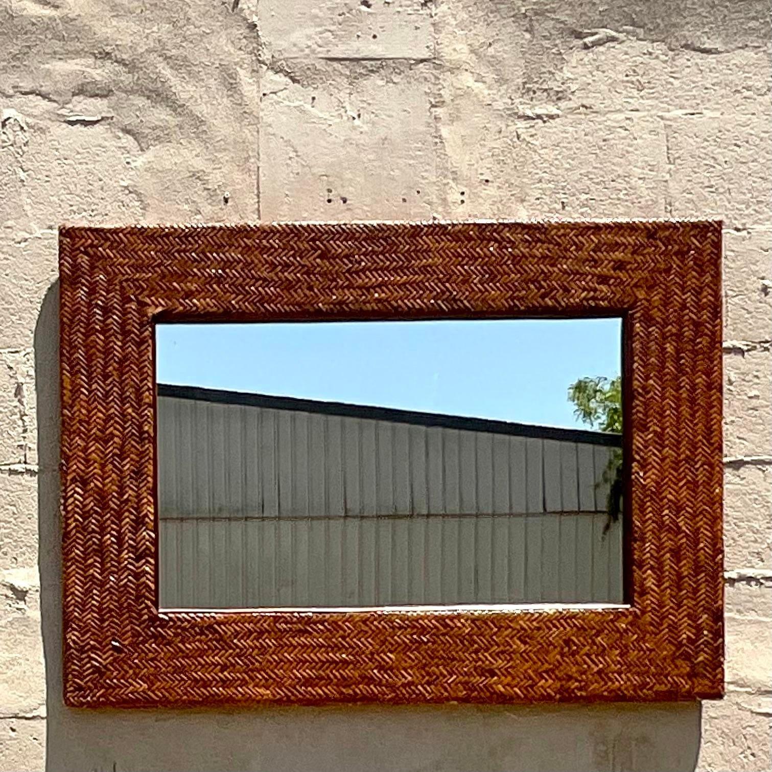 Vintage Coastal Wrapped Rattan Horizontal Mirror In Good Condition For Sale In west palm beach, FL