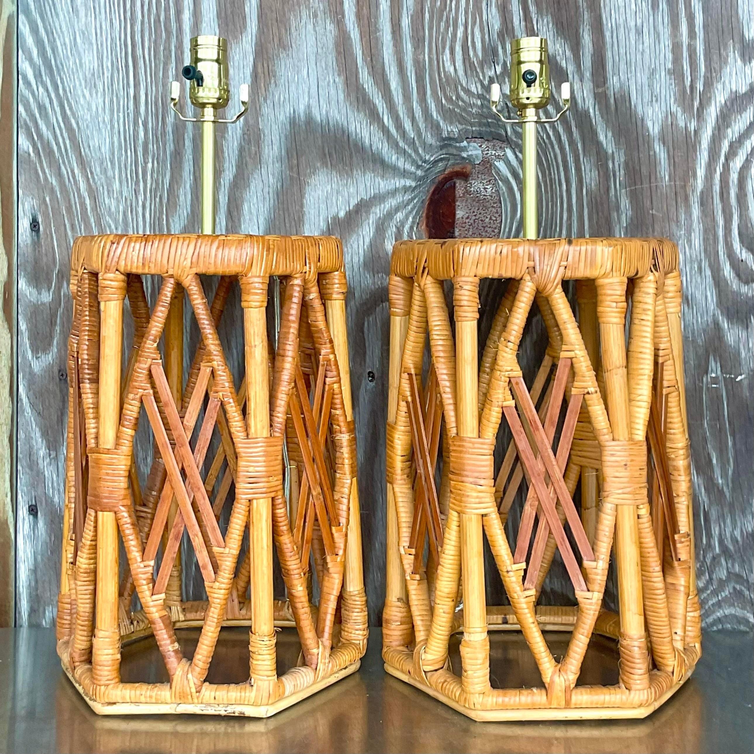 American Vintage Coastal Wrapped Rattan Lamps - a Pair For Sale