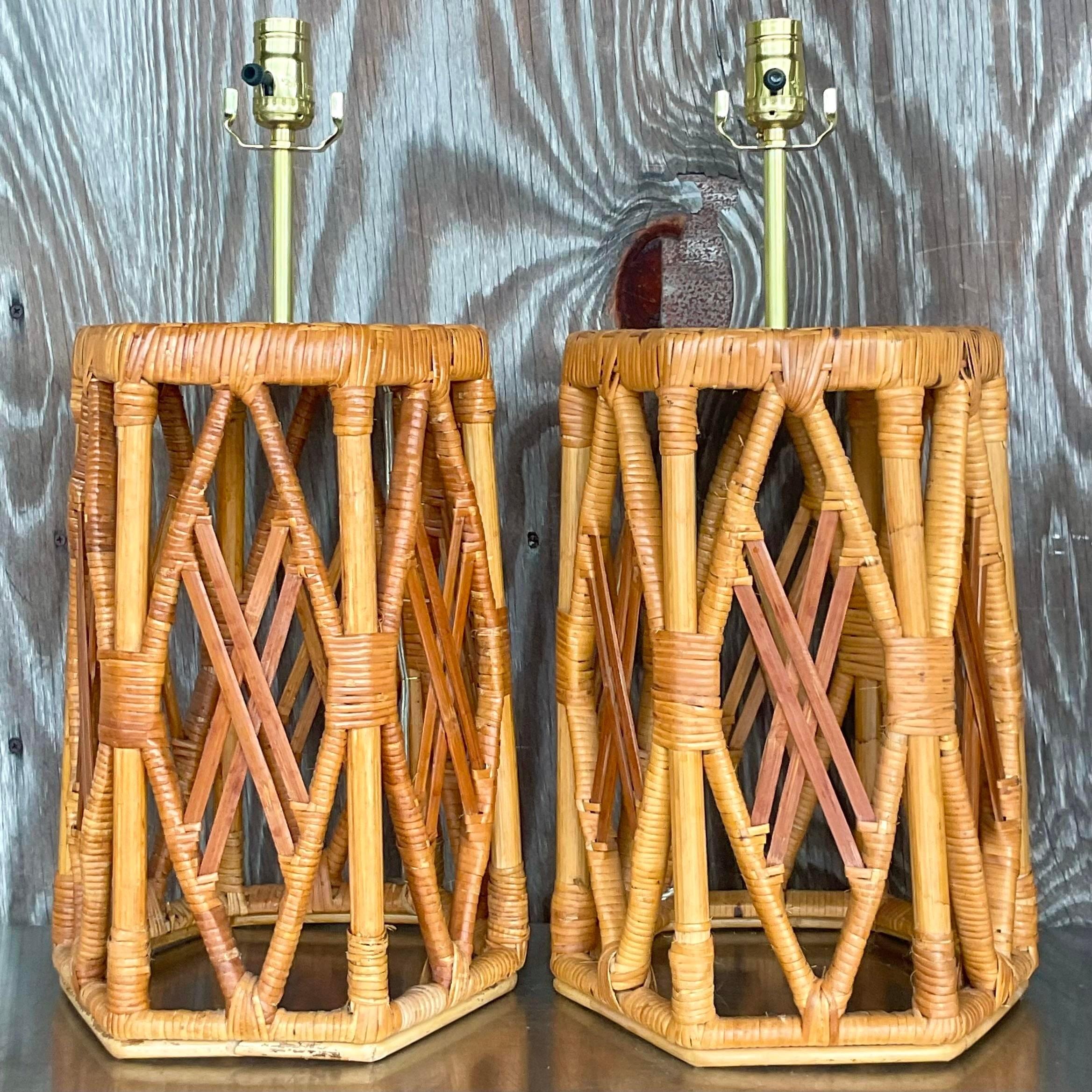 Vintage Coastal Wrapped Rattan Lamps - a Pair In Good Condition For Sale In west palm beach, FL