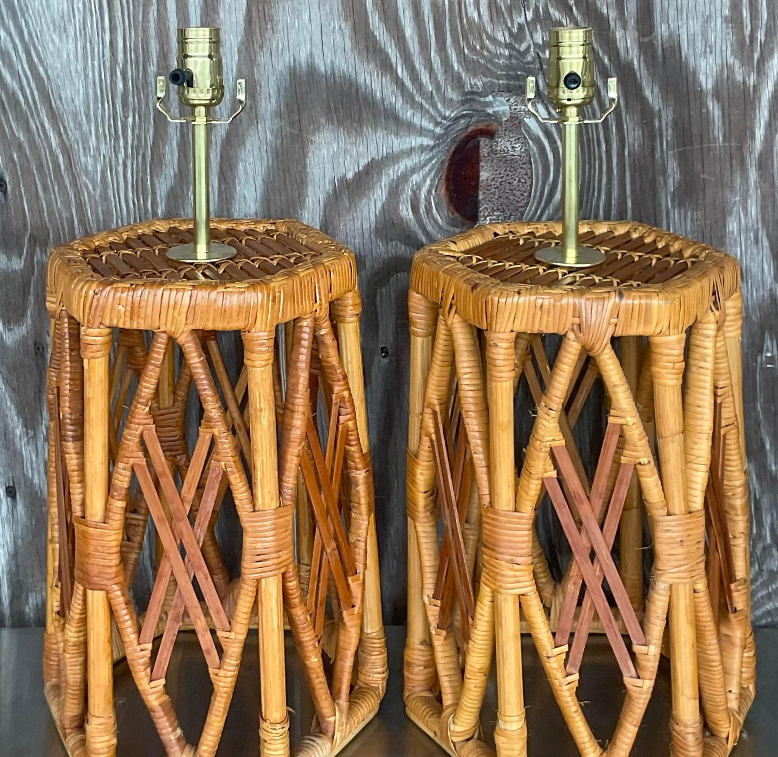 20th Century Vintage Coastal Wrapped Rattan Lamps - a Pair For Sale