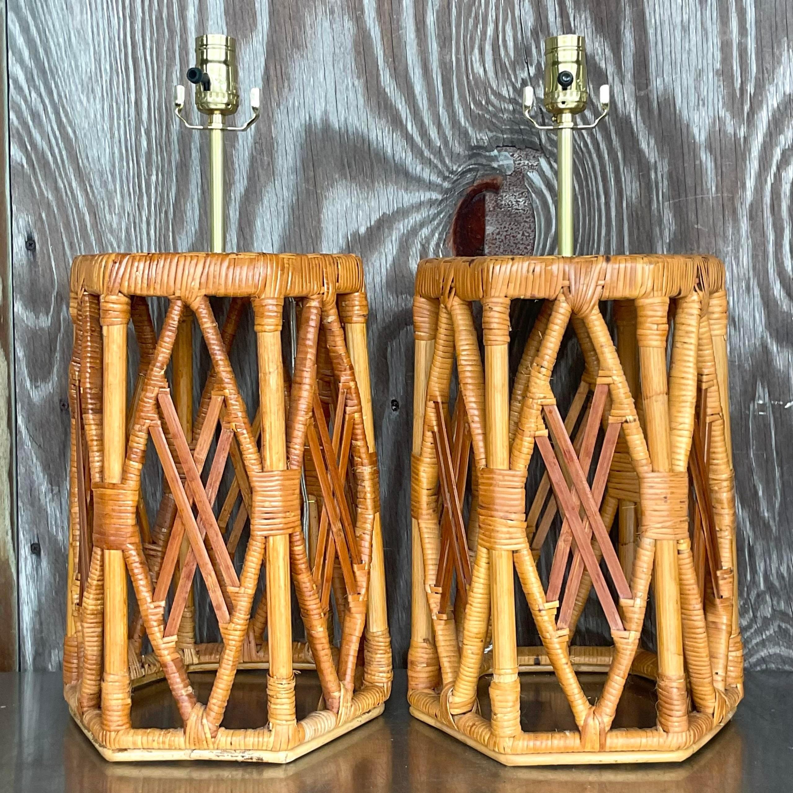 Metal Vintage Coastal Wrapped Rattan Lamps - a Pair For Sale
