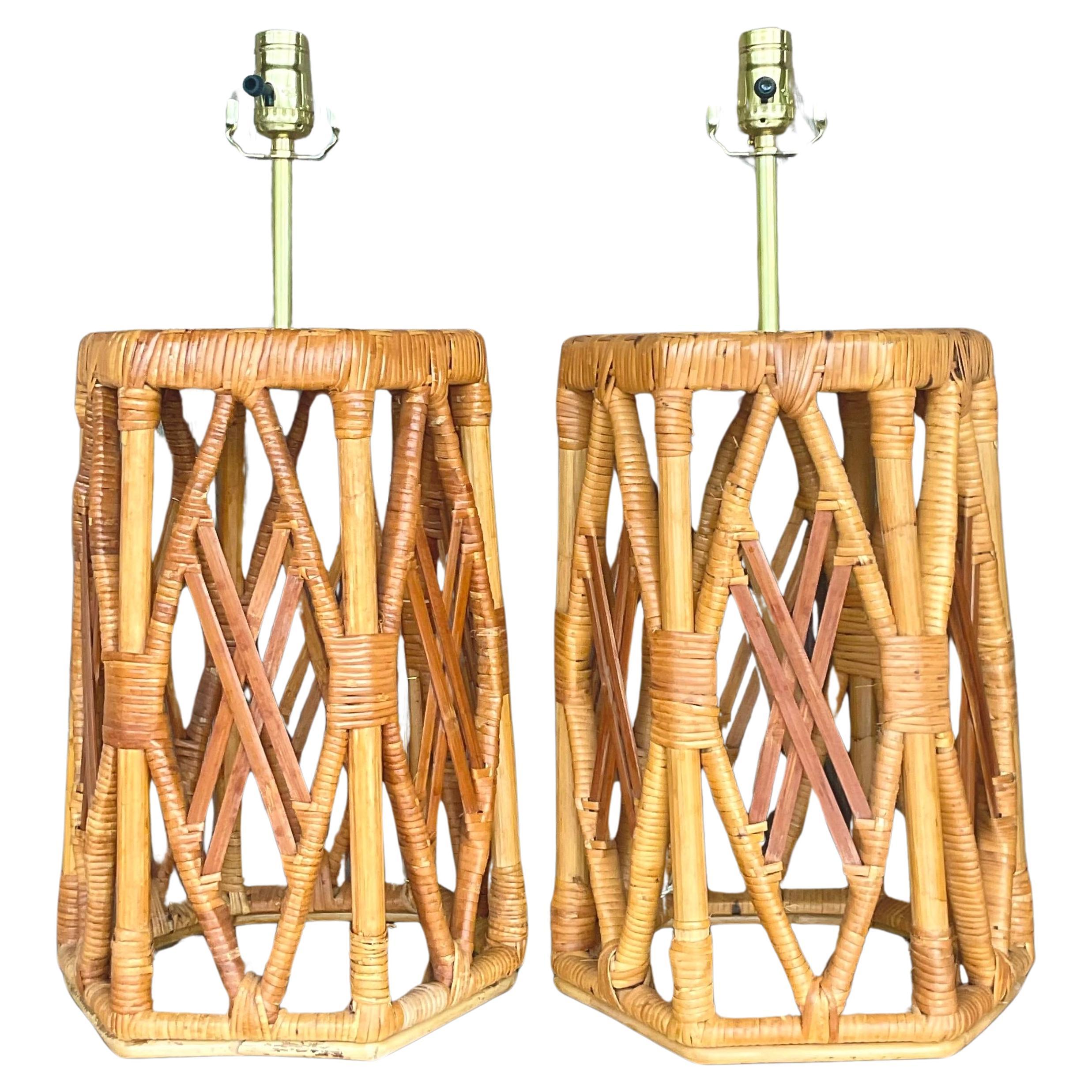 Vintage Coastal Wrapped Rattan Lamps - a Pair For Sale