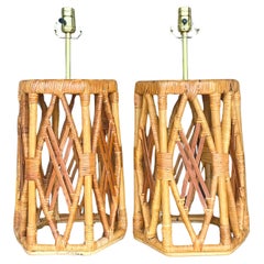 Retro Coastal Wrapped Rattan Lamps - a Pair