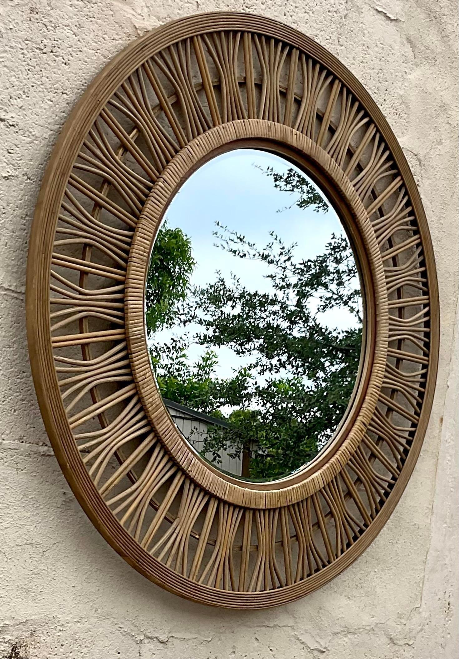 Vintage Coastal Wrapped Rattan Mirror In Good Condition For Sale In west palm beach, FL