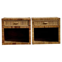 Vintage Coastal Wrapped Rattan Nightstands - a Pair