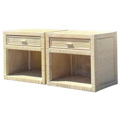 Vintage Coastal Wrapped Rattan Nightstands - A Pair