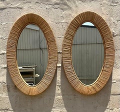 Vintage Coastal Wrapped Rattan Oval Mirrors - a Pair