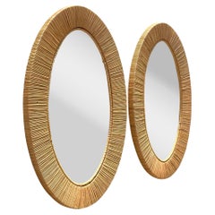 Vintage Coastal Wrapped Rattan Oval Mirrors - a Pair