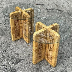 Vintage Coastal Wrapped Rattan Side Tables - a Pair