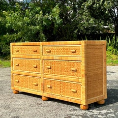 Vintage Coastal Wrapped Rattan Six Drawer Dresser