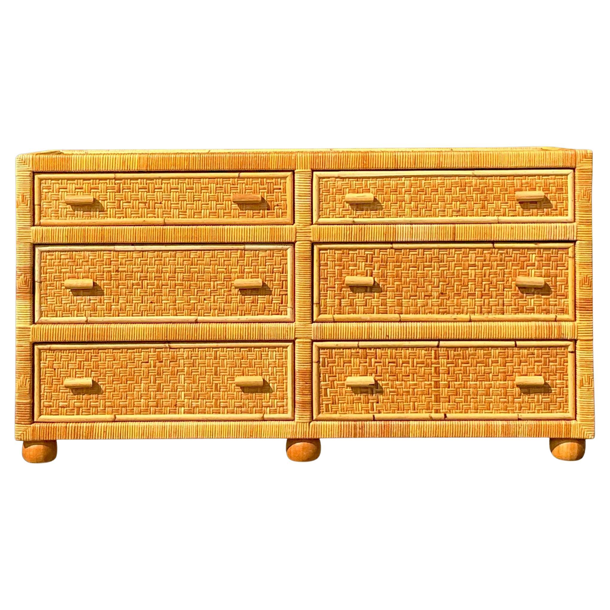 Vintage Coastal Wrapped Rattan Six Drawer Dresser