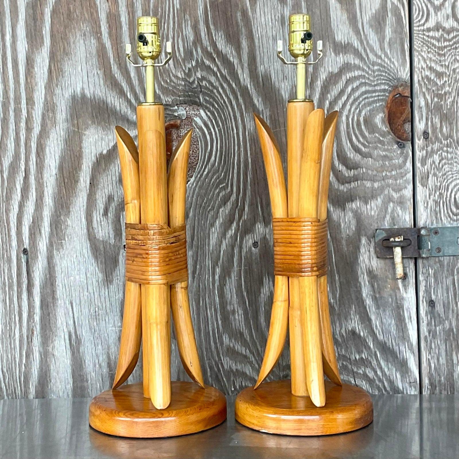 Philippine Vintage Coastal Wrapped Rattan Table Lamps - a Pair For Sale