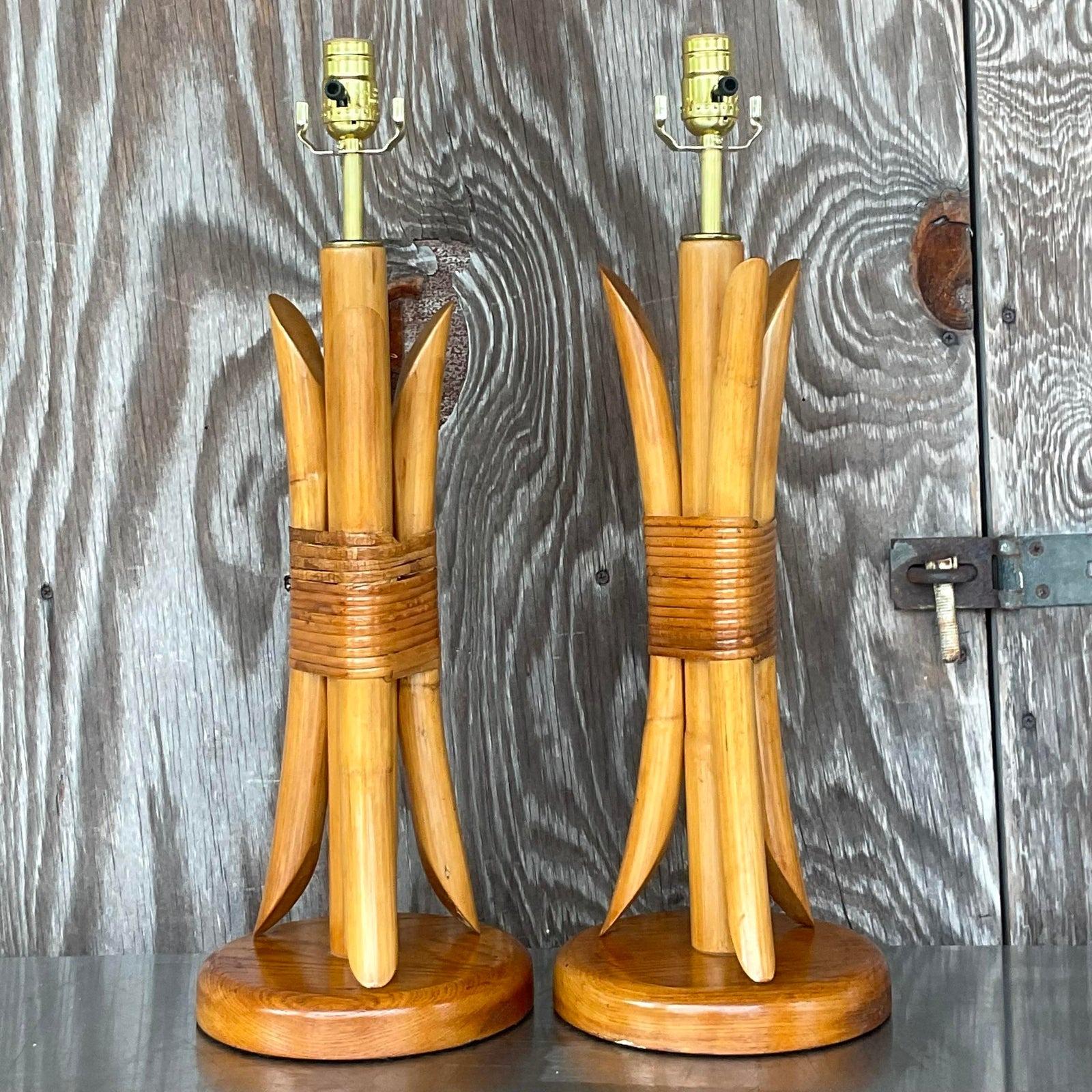 Vintage Coastal Wrapped Rattan Table Lamps - a Pair In Good Condition For Sale In west palm beach, FL