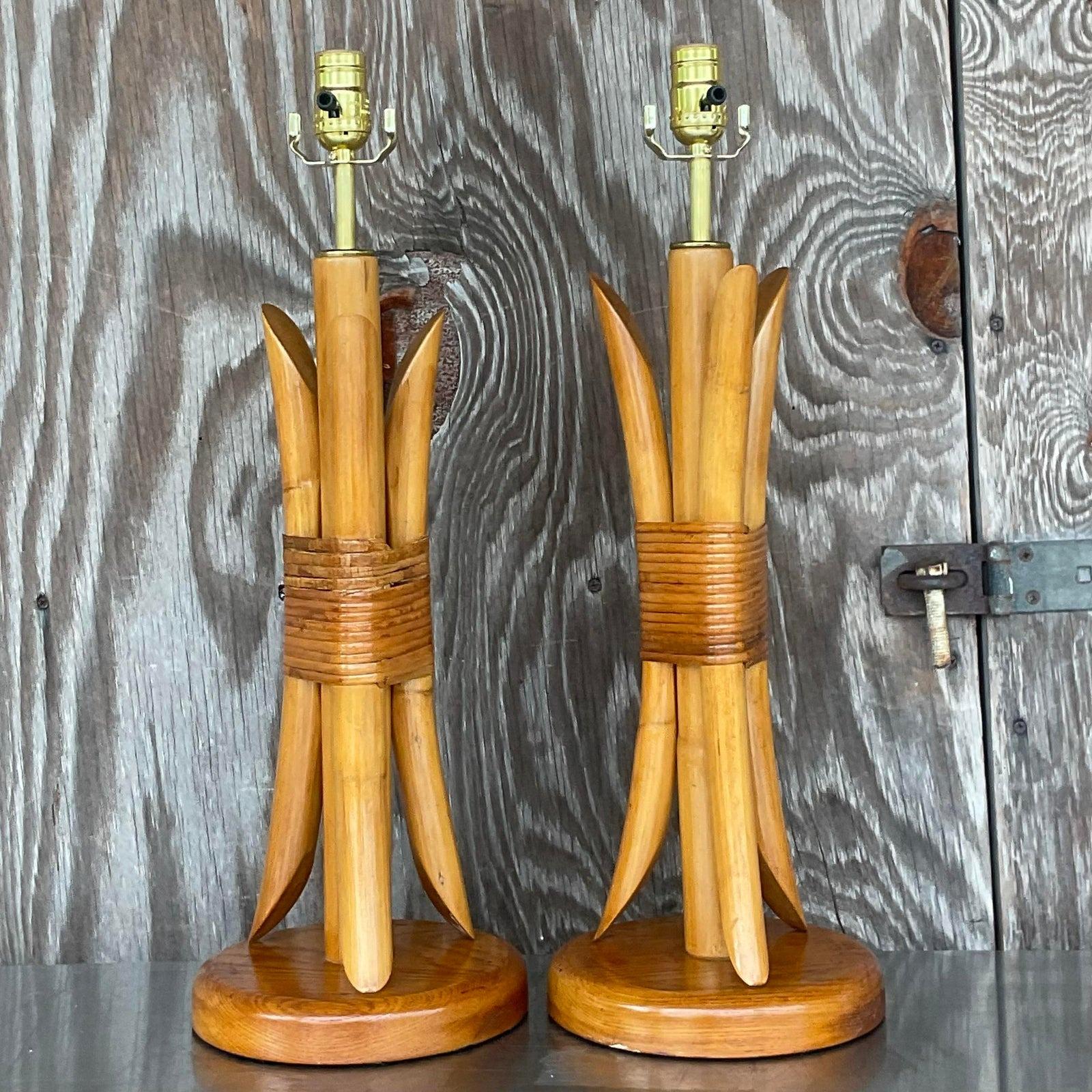 20th Century Vintage Coastal Wrapped Rattan Table Lamps - a Pair For Sale