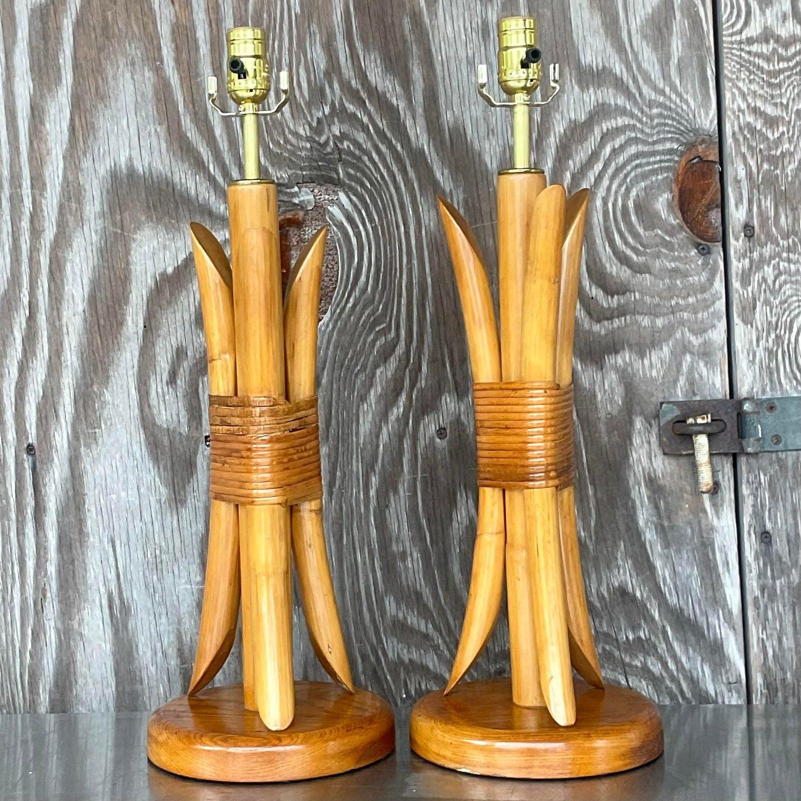 Vintage Coastal Wrapped Rattan Table Lamps - a Pair For Sale 1