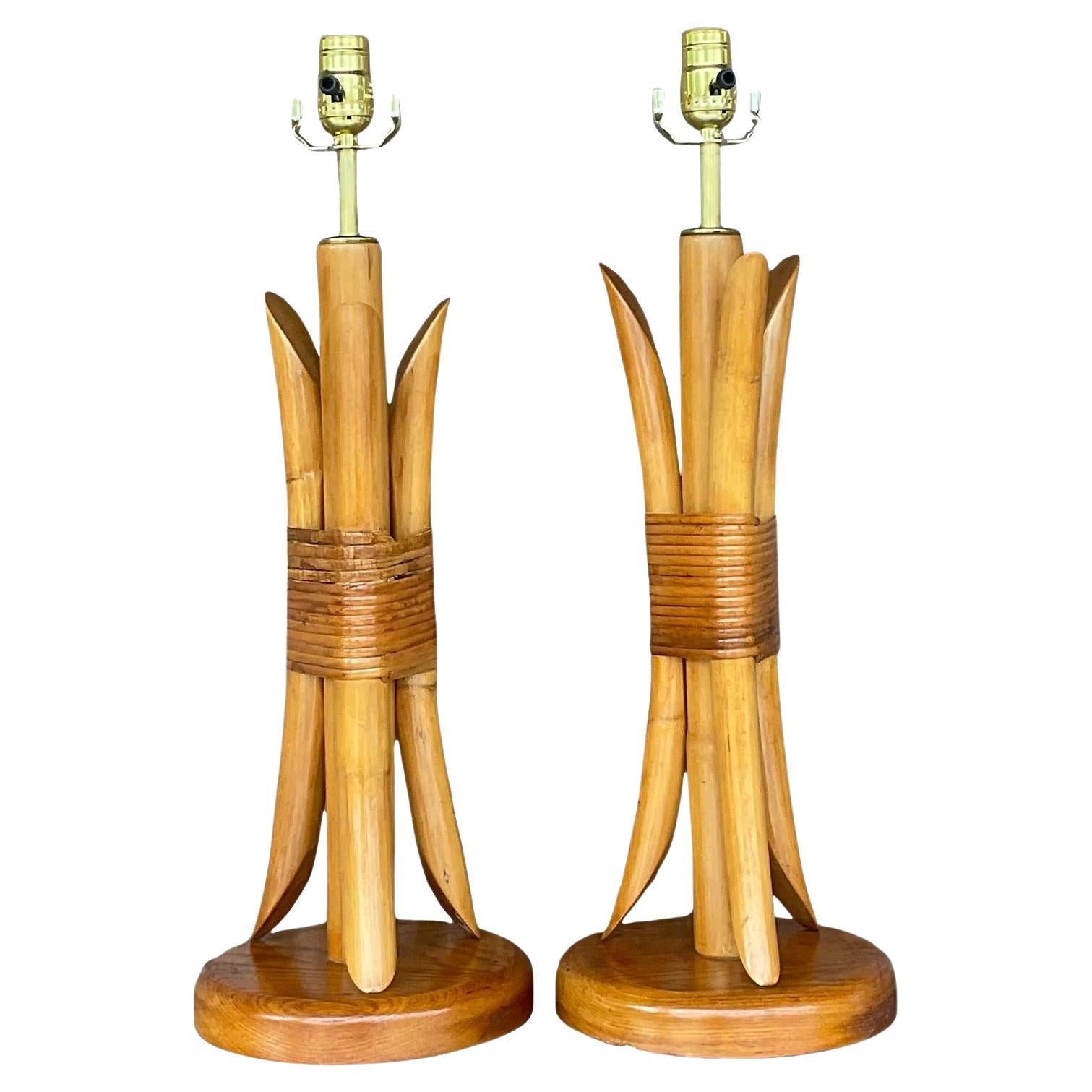 Vintage Coastal Wrapped Rattan Table Lamps - a Pair For Sale