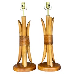 Retro Coastal Wrapped Rattan Table Lamps - a Pair
