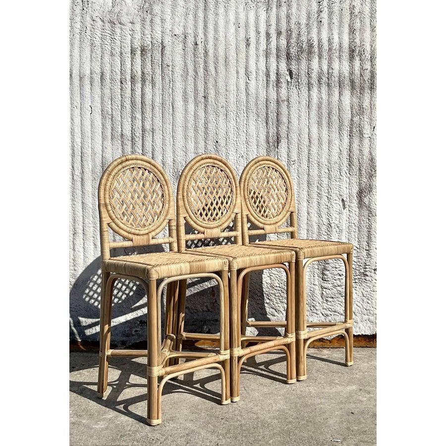 Vintage Coastal Wrapped Rattan Trellis Bar Stools - Set of 3 In Good Condition For Sale In west palm beach, FL