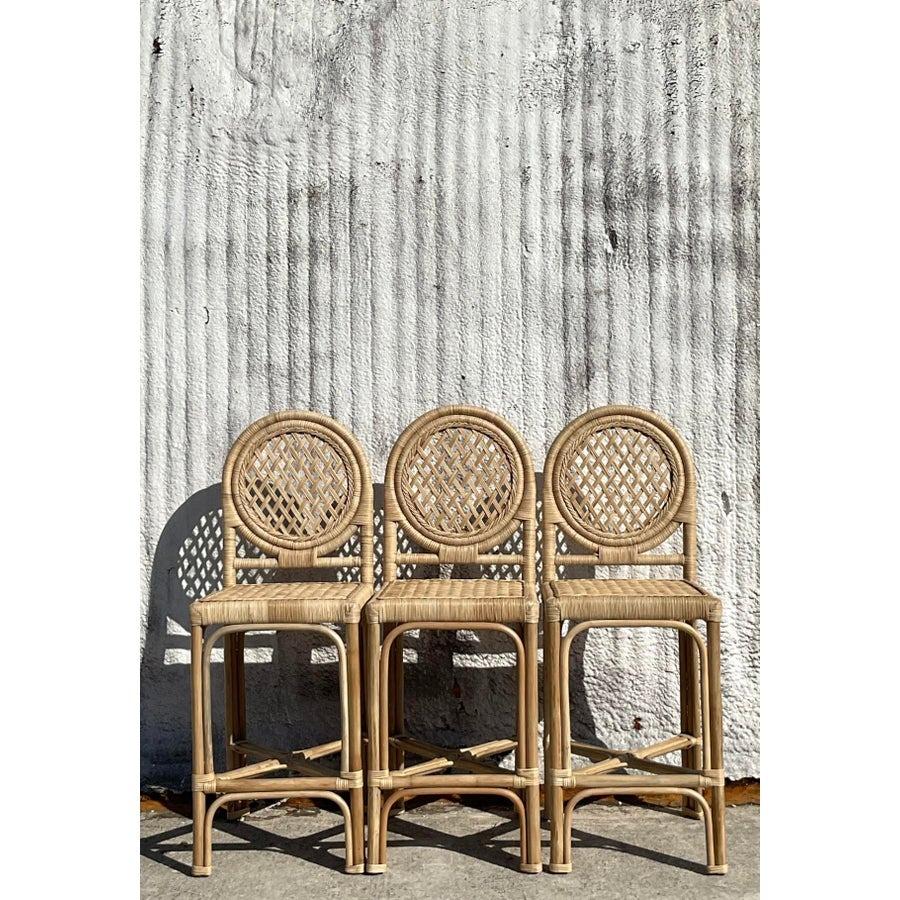 Contemporary Vintage Coastal Wrapped Rattan Trellis Bar Stools - Set of 3 For Sale