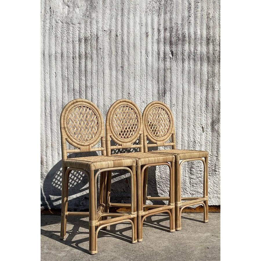 Vintage Coastal Wrapped Rattan Trellis Bar Stools - Set of 3 For Sale 1
